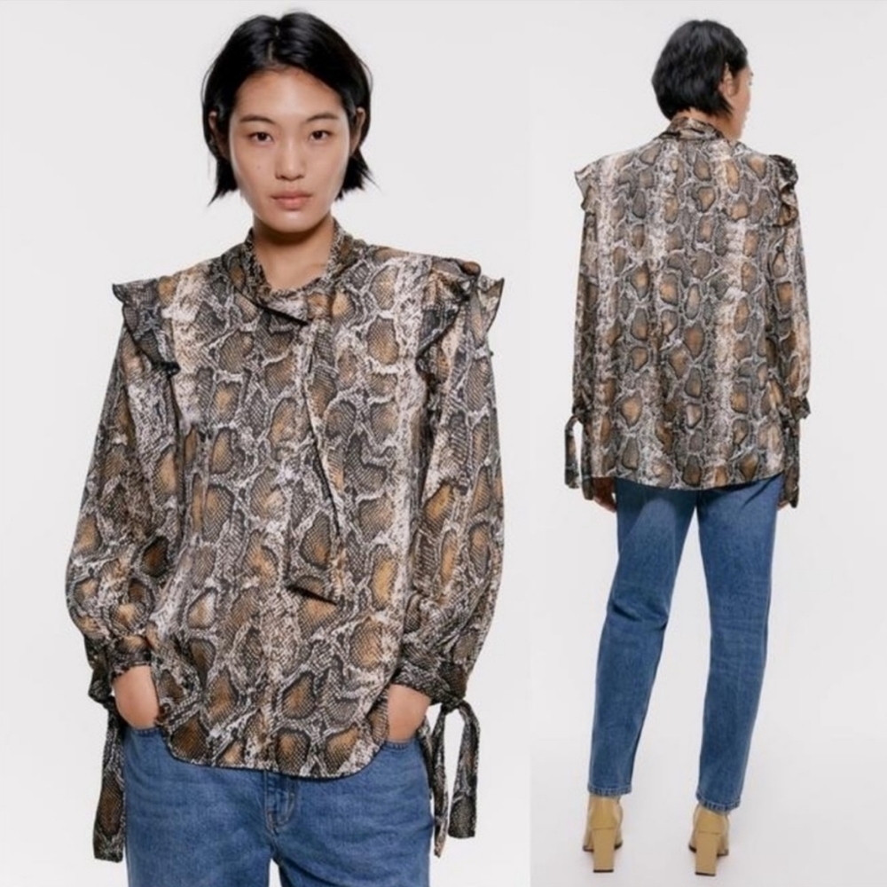 Zara Snakeskin Satin High Neck Long Sleeve Ruffle Blouse